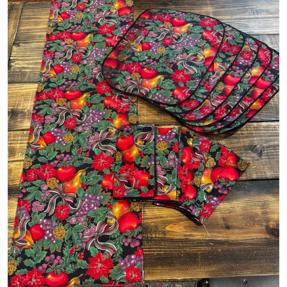 Christmas Fruit Poinsettia Table Linens Set 6 Napkins 6 Placemats 1 Tablerunner